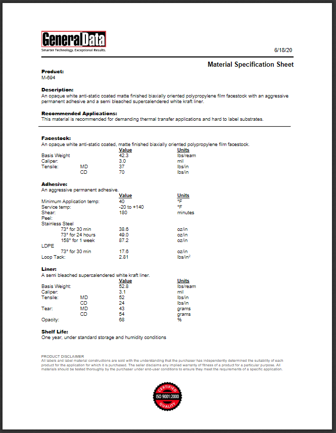 M-694 Material Specification Sheet
