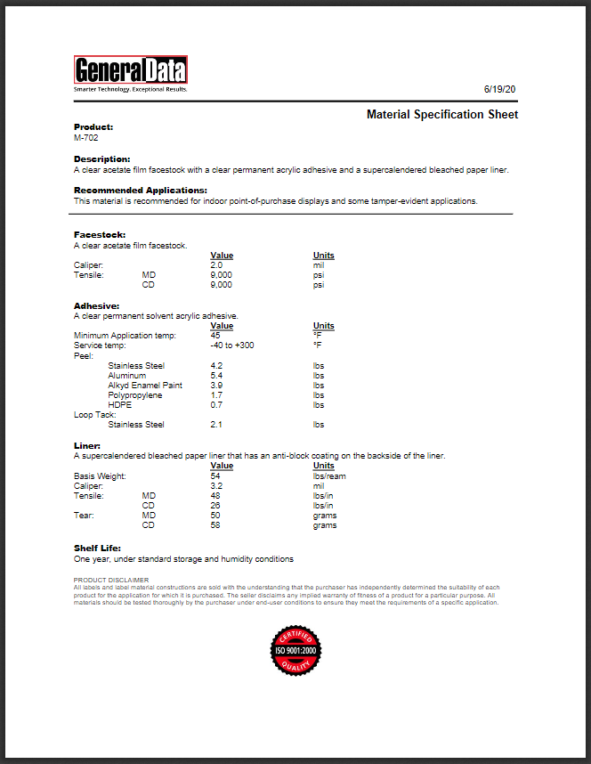 M-702 Material Specification Sheet