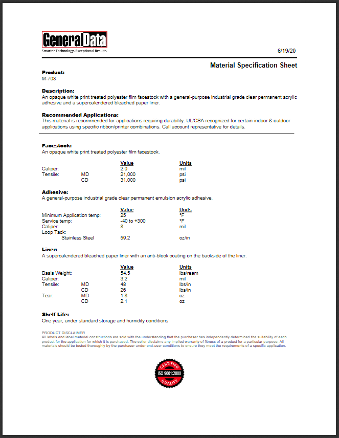M-703 Material Specification Sheet