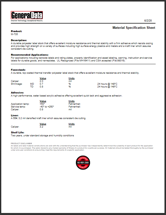 M-705 Material Specification Sheet 
