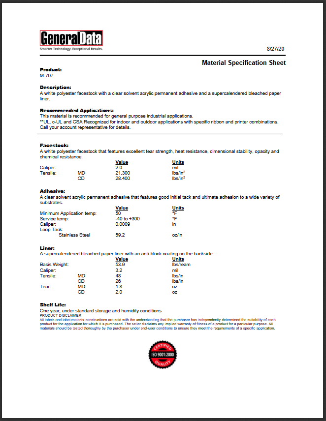 M-707 Material Specification Sheet
