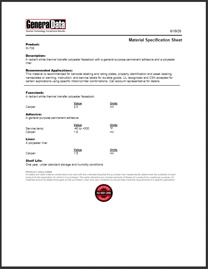 M-708 Material Specification Sheet