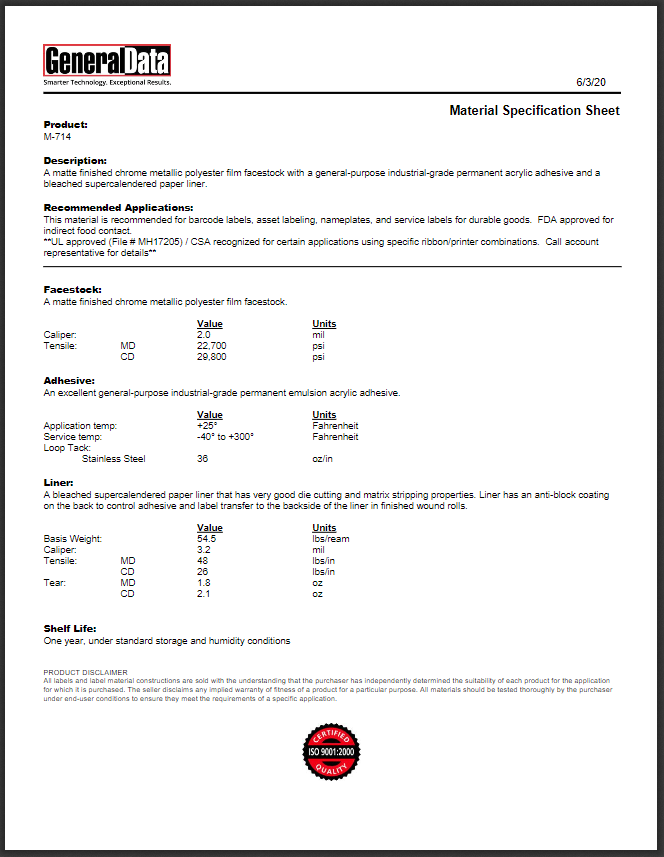 M-714 Material Specification Sheet