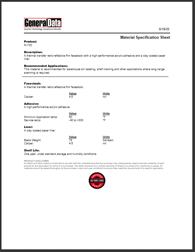 M-720 Material Specification Sheet