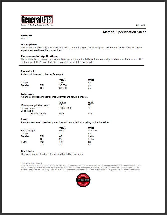 M-721 Material Specification Sheet