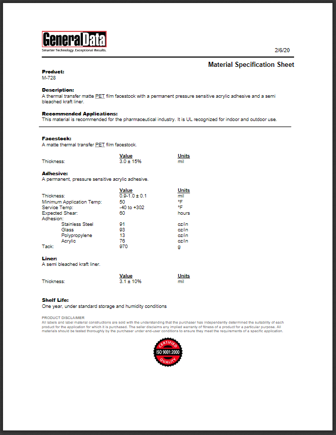 M-728 Material Specification Sheet