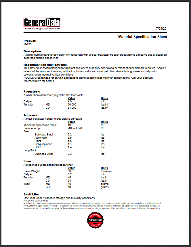 M-736 Material Specification Sheet