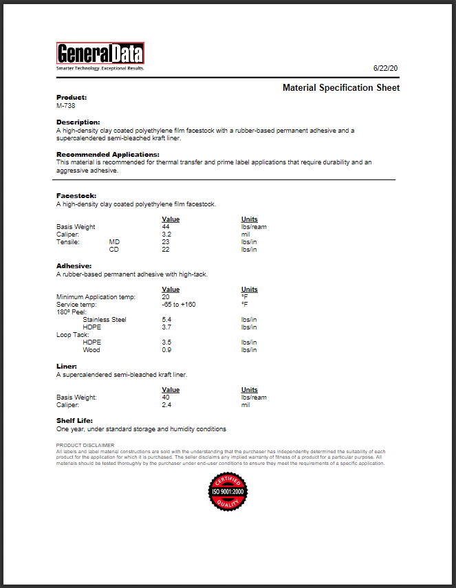 M-738 Material Specification Sheet