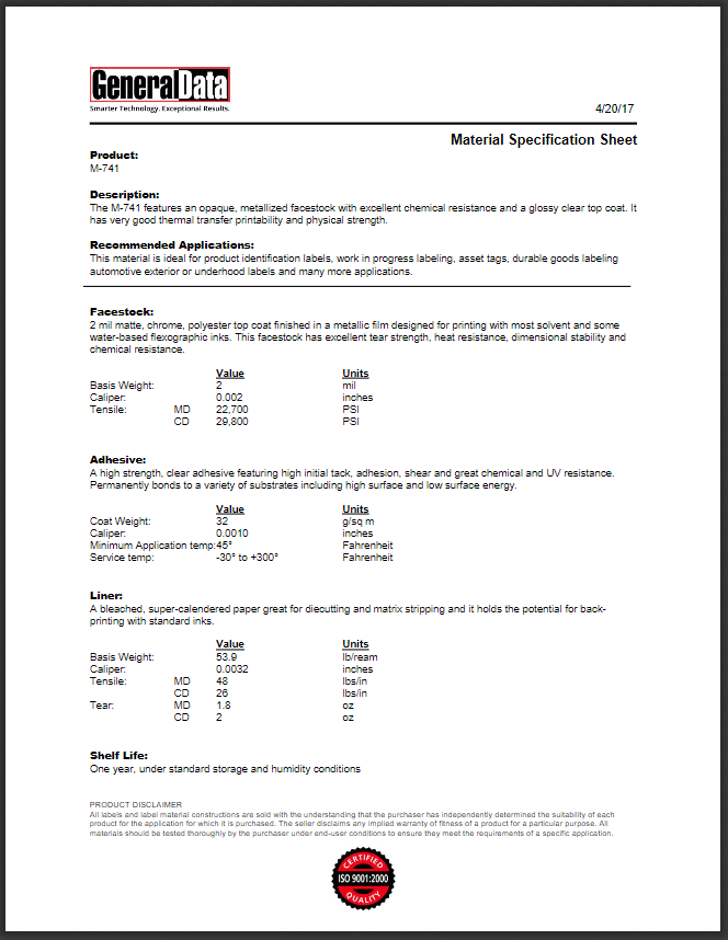 M-741 Material Specification Sheet