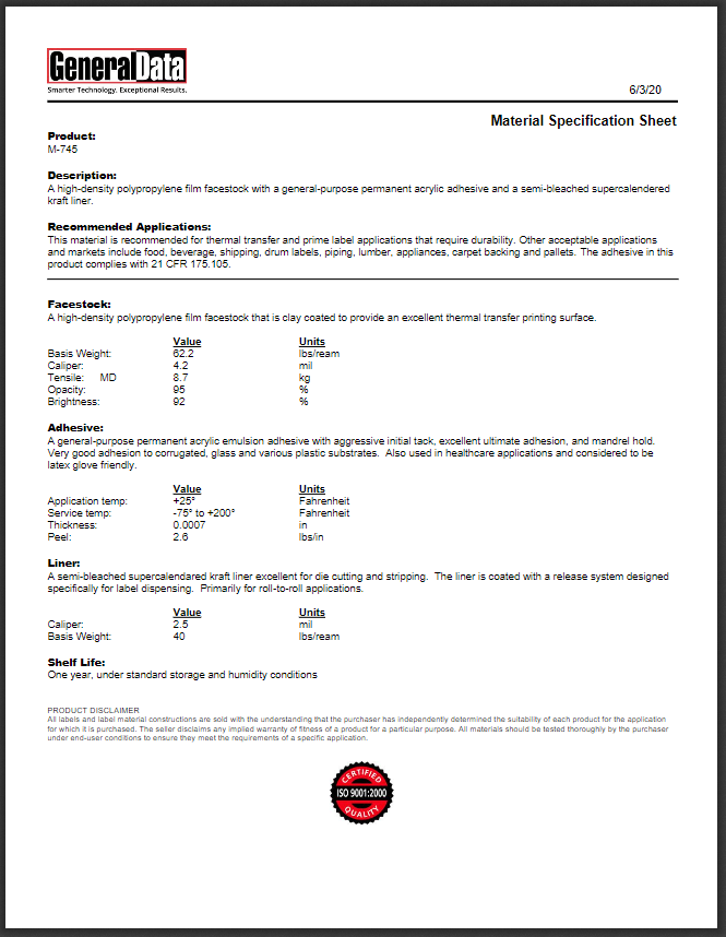 M-745 Material Specification Sheet