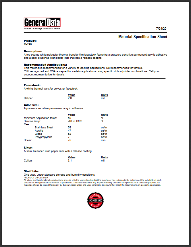 M-748 Material Specification Sheet