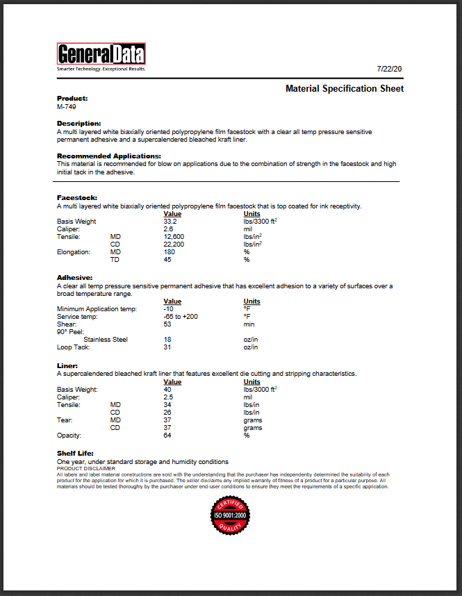 M-749 Material Specification Sheet