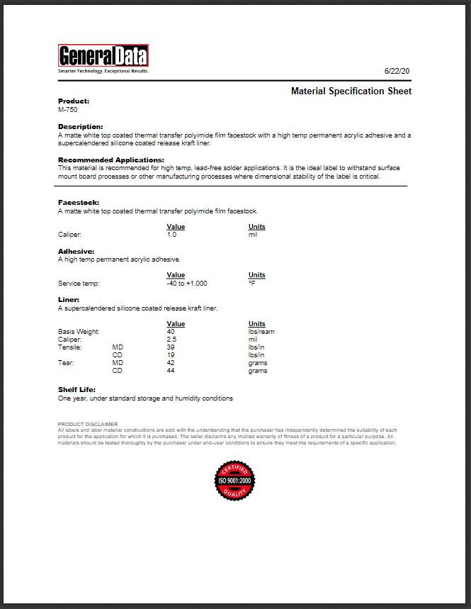 M-750 Material Specification Sheet