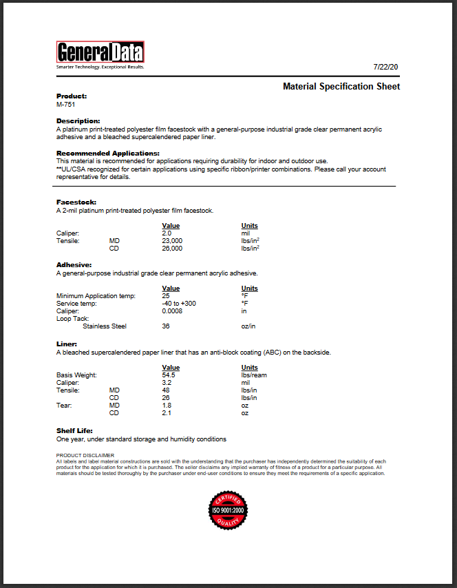 M-751 Material Specification Sheet