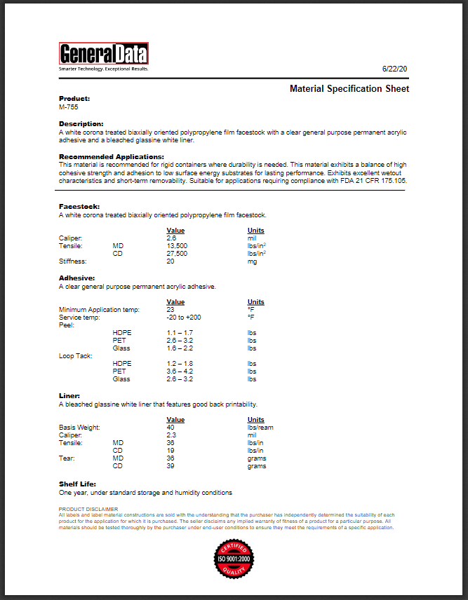 M-755 Material Specification Sheet