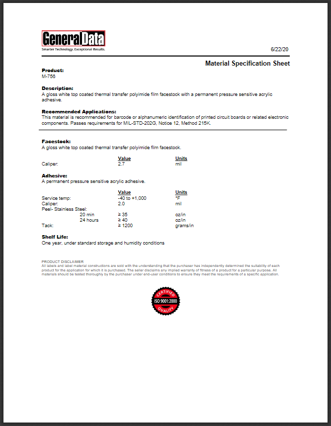 M-756 Material Specification Sheet