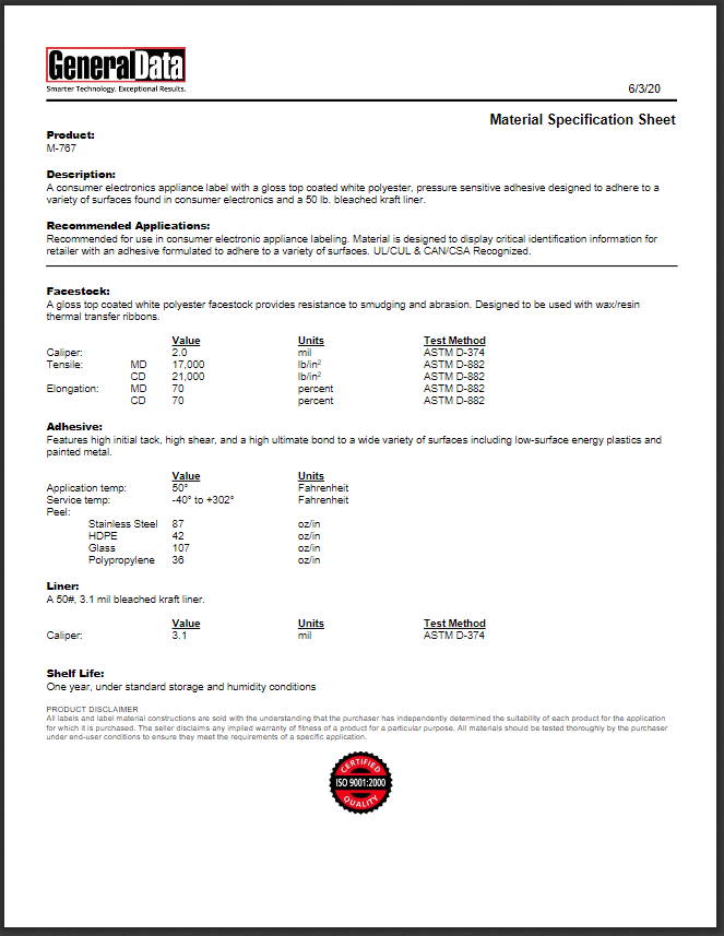 M-767 Material Specification Sheet 
