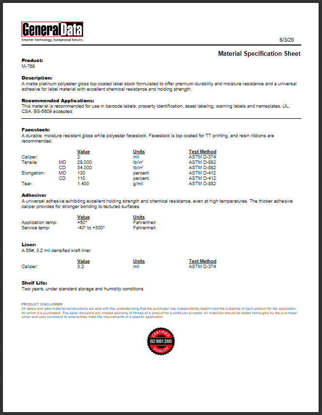 M-769 Material Specification Sheet 
