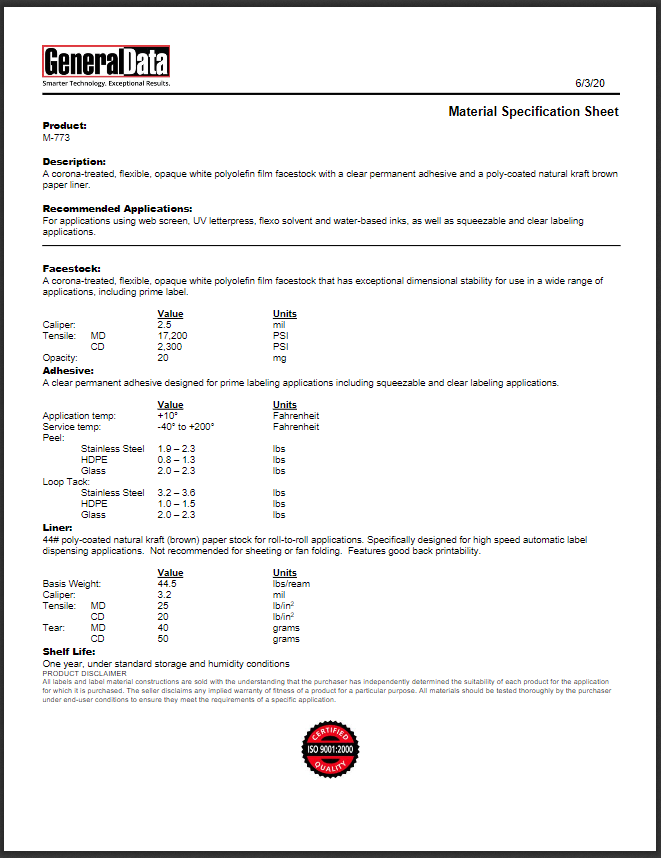 M-773 Material Specification Sheet 