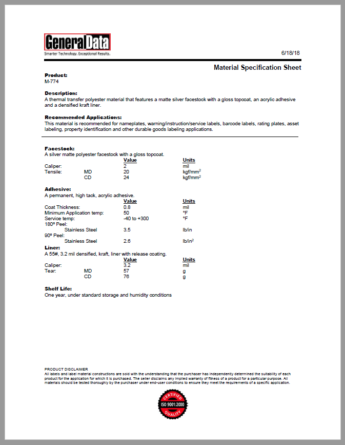M-774 Material Specification Sheet