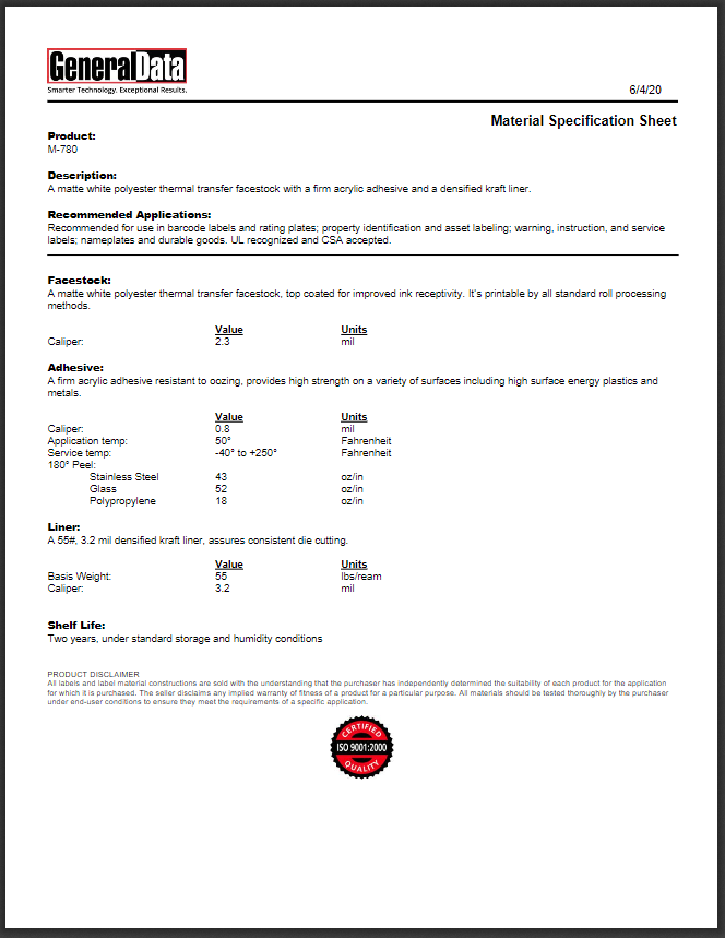 M-780 Material Specification Sheet 