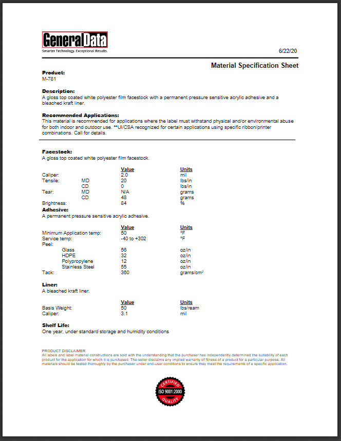 M-781 Material Specification Sheet