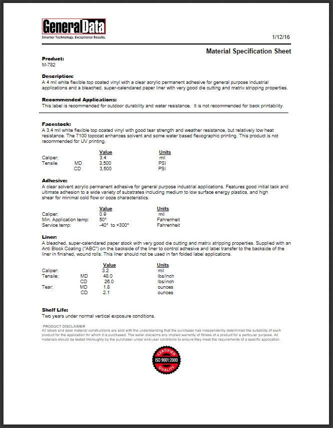 M-782 Material Specification Sheet 