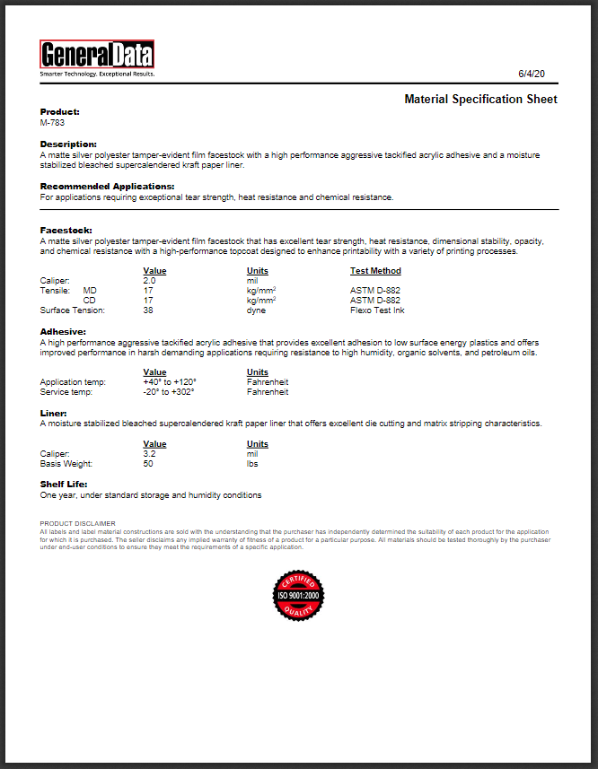 M-783 Material Specification Sheet 