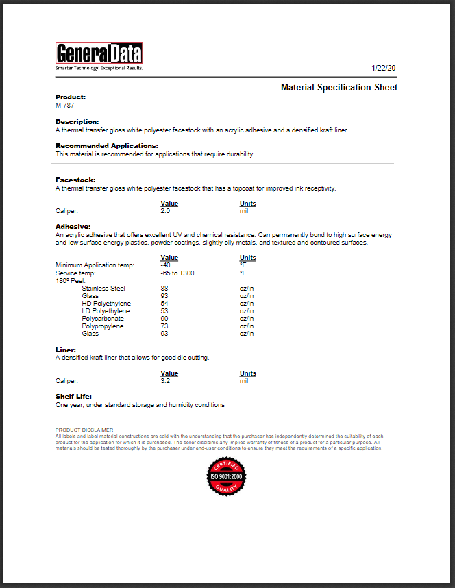 M-787 Material Specification Sheet