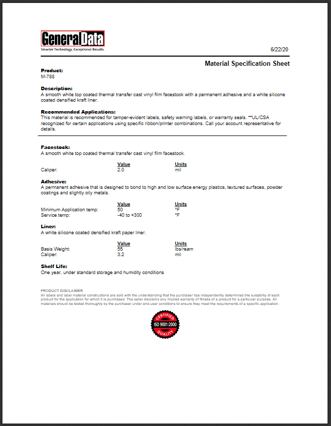 M-788 Material Specification Sheet