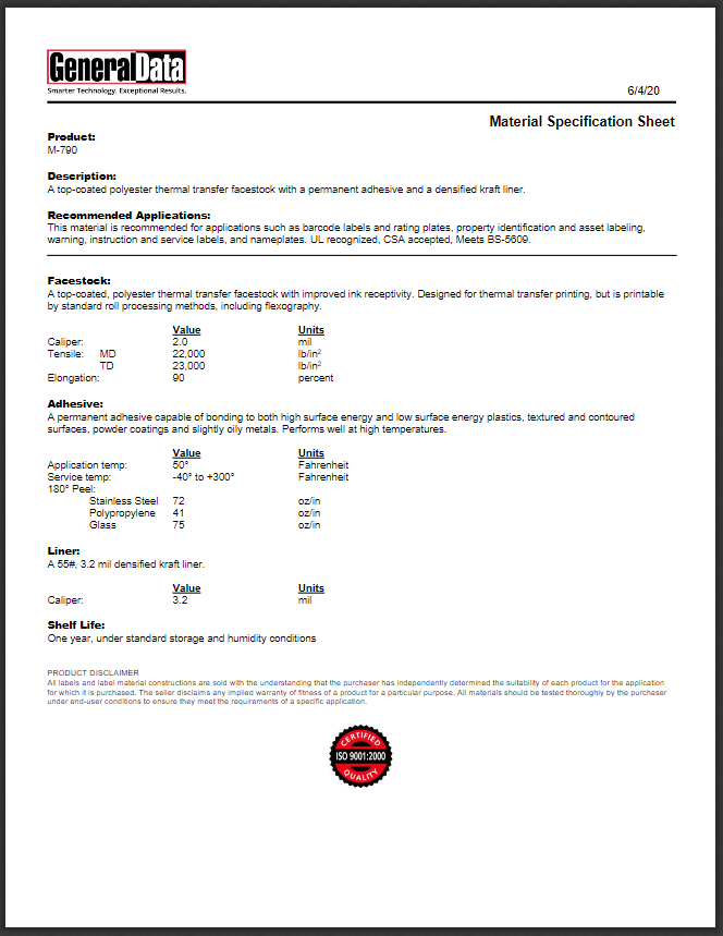 M-790 Material Specification Sheet 