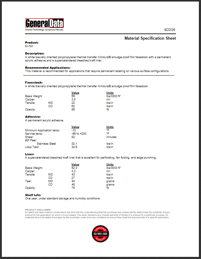 M-791 Material Specification Sheet