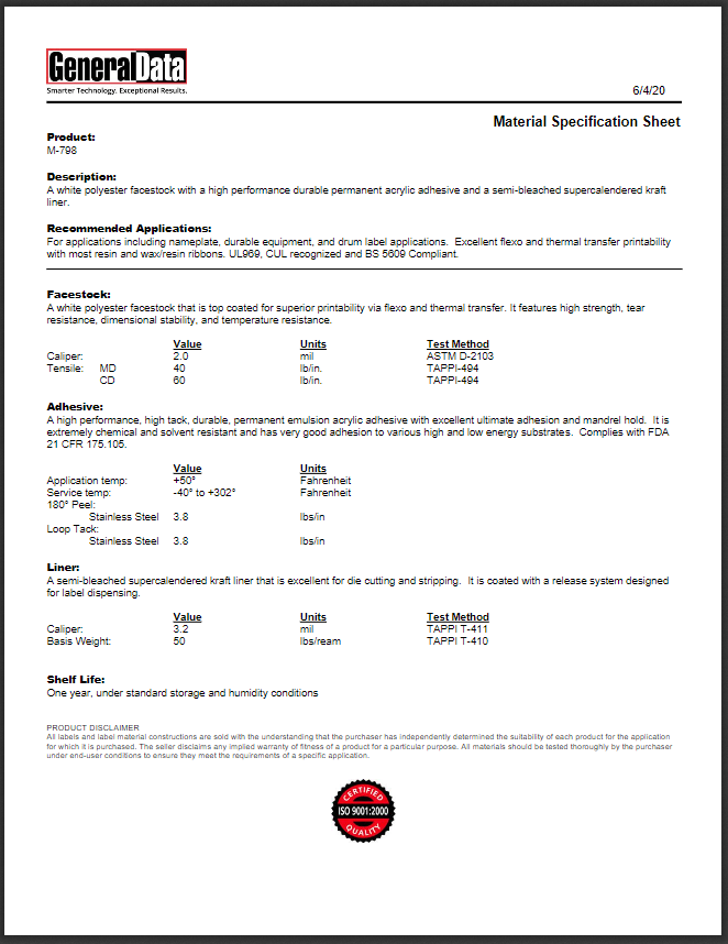 M-798 Material Specification Sheet 
