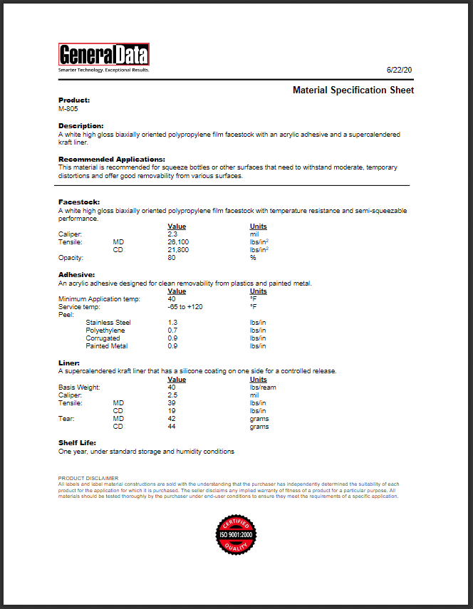 M-805 Material Specification Sheet