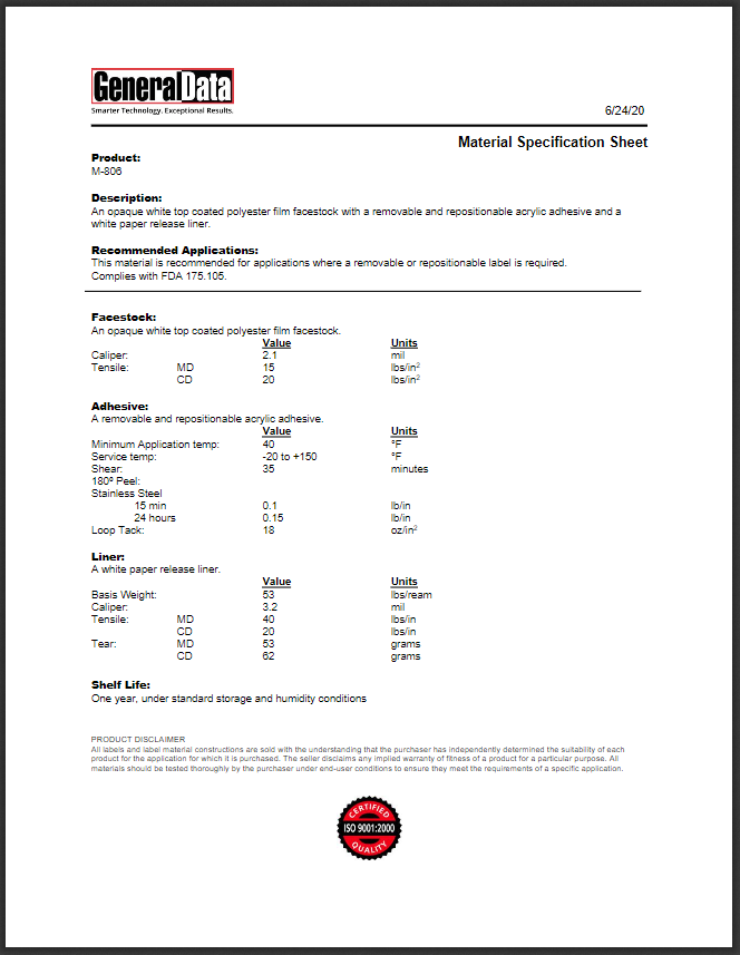 M-806 Material Specification Sheet