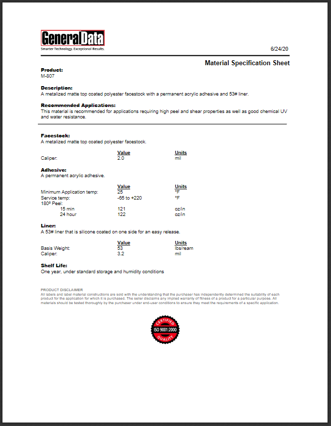 M-807 Material Specification Sheet