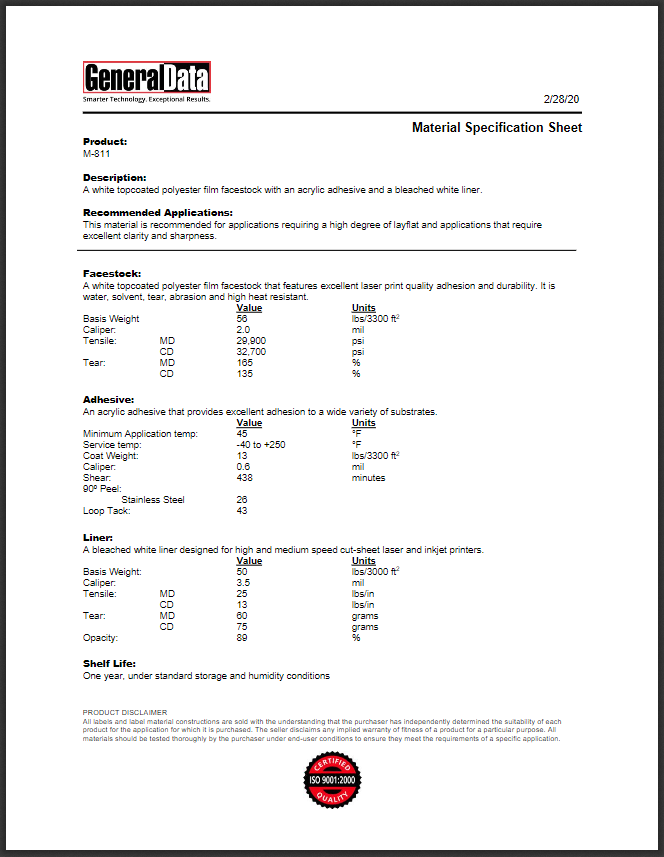 M-811 Material Specification Sheet