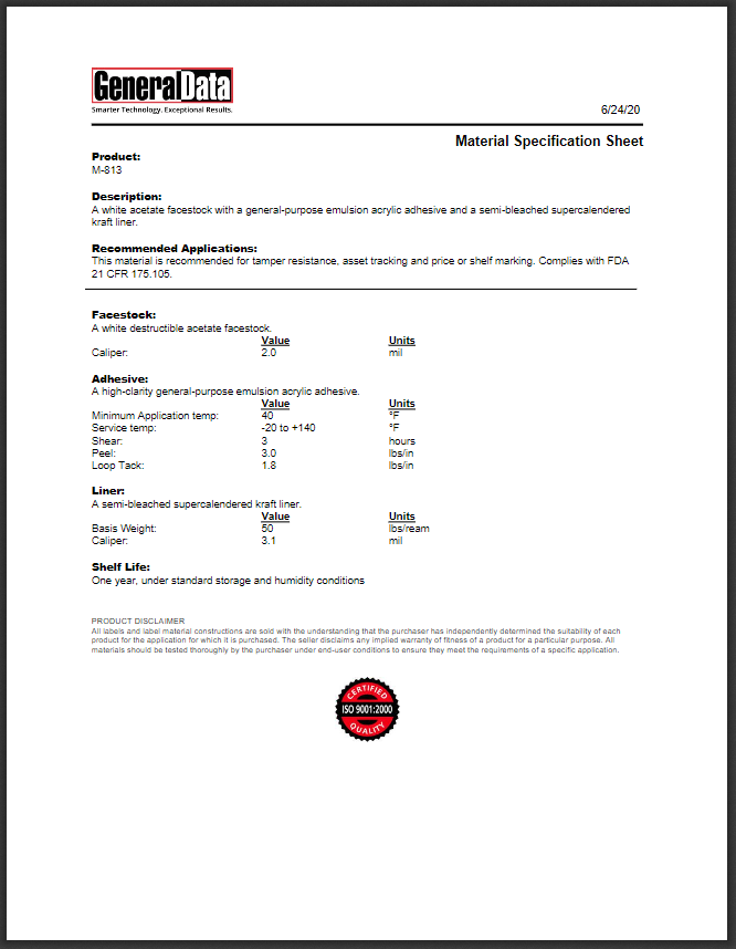 M-813 Material Specification Sheet