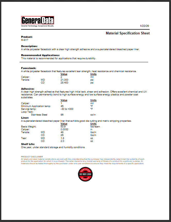 M-817 Material Specification Sheet