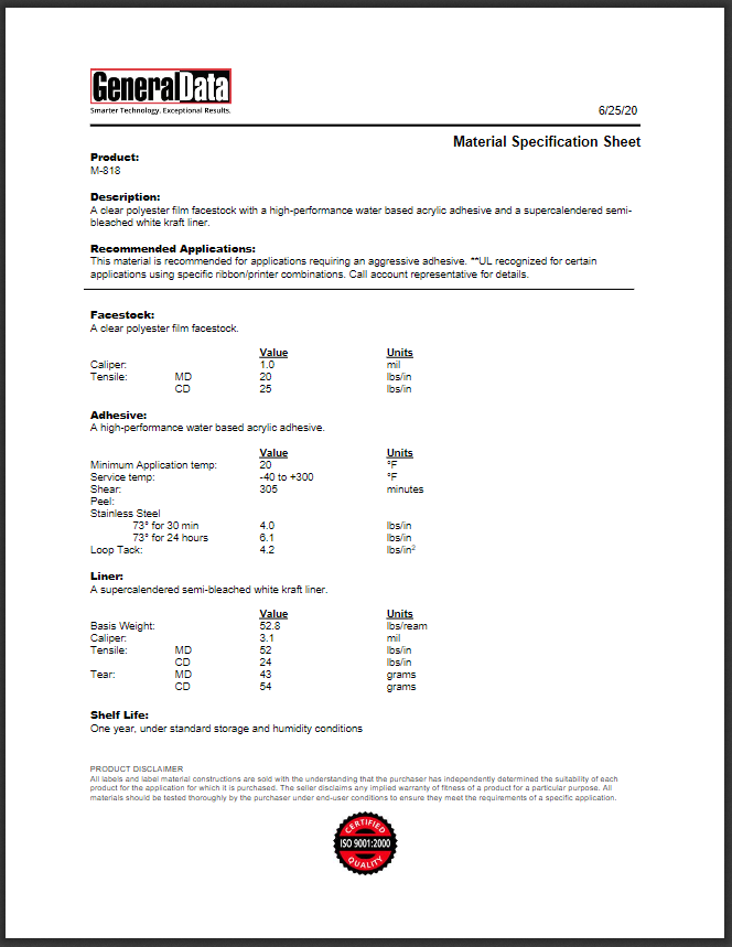 M-818 Material Specification Sheet
