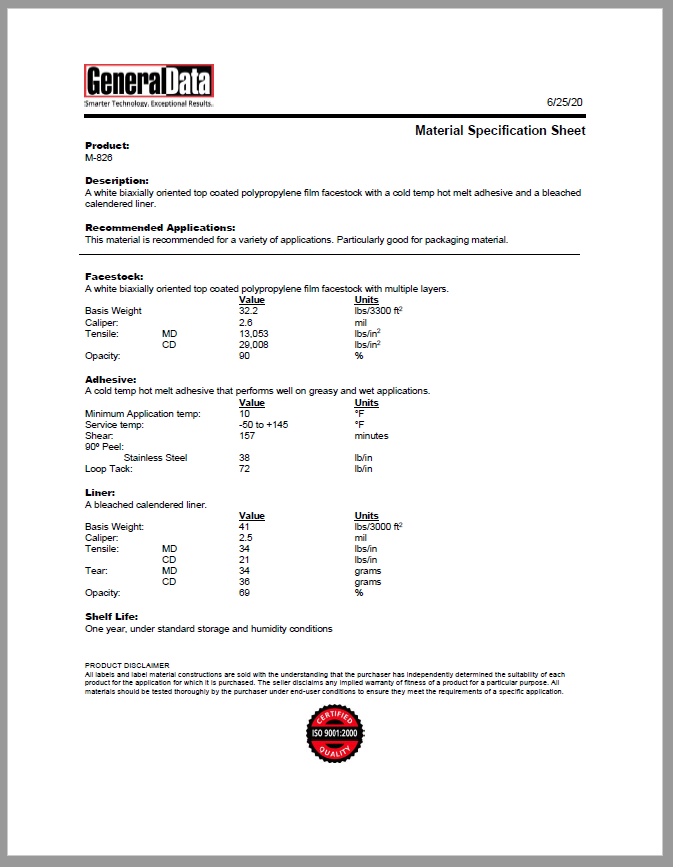 M-826 Material Specification Sheet