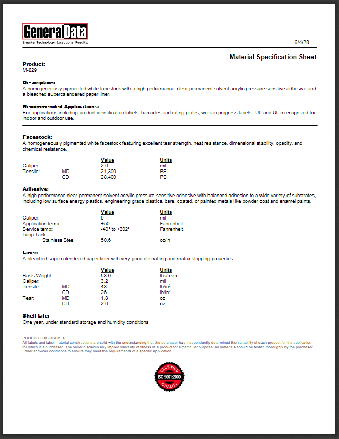 M-829 Material Specification Sheet 