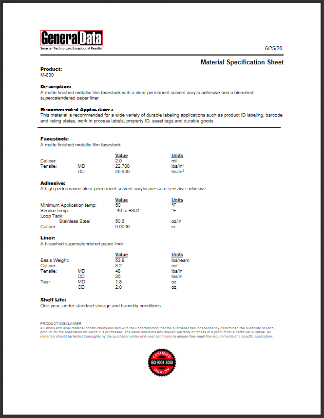 M-830 Material Specification Sheet