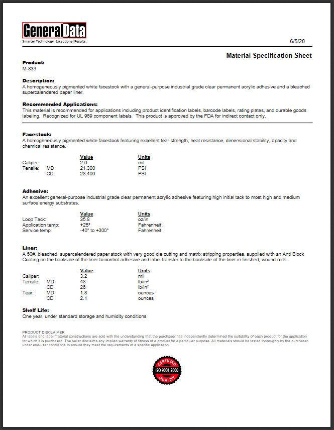 M-833 Material Specification Sheet