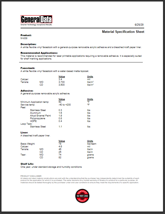 M-838 Material Specification Sheet