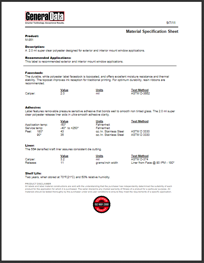 M-851 Material Specification Sheet 
