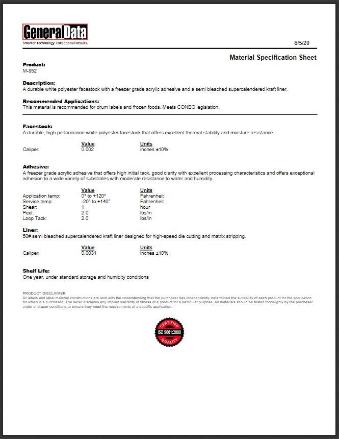 M-852 Material Specification Sheet 