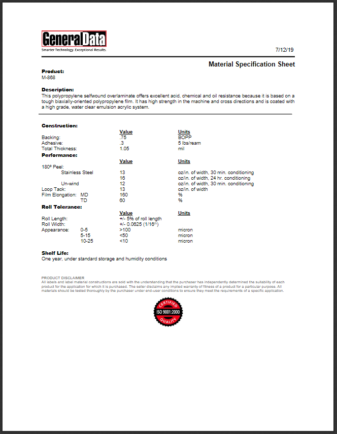 M-868 Material Specification Sheet