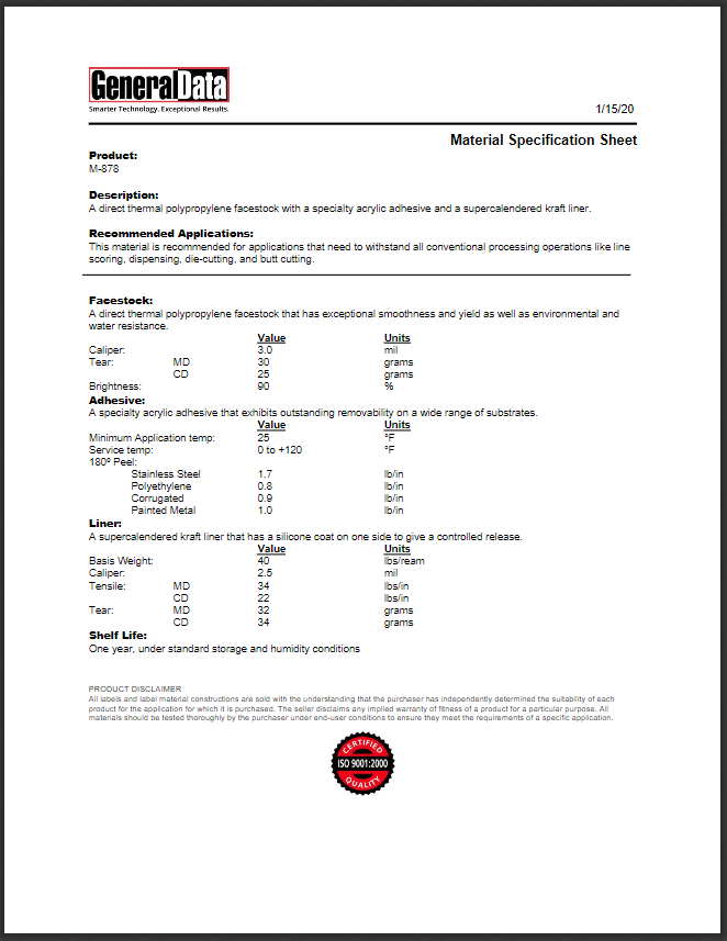 M-878 Material Specification Sheet