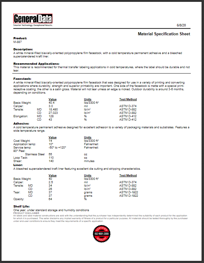 M-887 Material Specification Sheet 